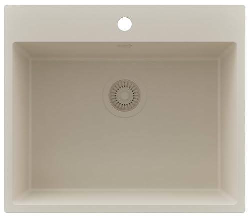 PRIMAGRAN Evier Cuisine en Granit au Meuble 60cm + Kit de Vidage, 58x50cm | Set: Kit de Vidage (Siphon, bonde d’évacuation, trop-plein) + Lavabo 1 Bac - Riga, Tout Beige