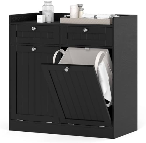Multigot Single/Double Tilt-Out Laundry Cabinet, Clothes Storage Hamper with Drawer & Removable Bins, Freestanding Clothes Washing Storage Box for Bathroom Living Room (Black, Double)