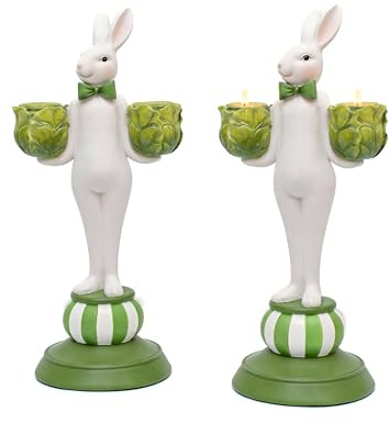 Easter Bunny Candle Holders Set of 2, Hand-Painted Rabbit Figurines Home Decor, Easter Taper Candlestick Holders Centerpiece, Vintage Resin Home Decorations for Dining Room Table, Spring Gift
