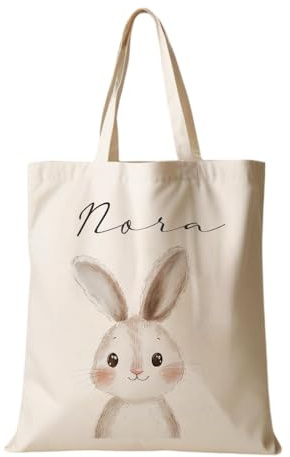 Personalisierter Stoffbeutel für Kinder mit Namen & Waldtier-Motiv | Beige Leinenoptik | Tasche für Kindergarten, Wechselwäsche & Sport | Geschenk zur Einschulung, Geburtstag & Ostern (Hase)