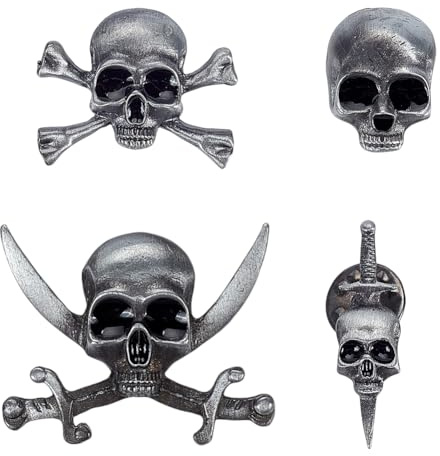AHANDMAKER 4 broches de calavera gótica de plata envejecida de 4 estilos, pines de solapa de cabeza de esqueleto de metal para hombres y mujeres, broches de calavera retro para ropa, abrigos, suéteres