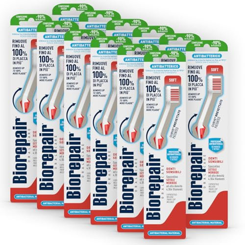 Biorepair, Spazzolini Denti Sensitive x 12, Spazzolino Morbido per Denti Sensibili, Setole Morbide, Forma Curva Brevettata, Inibisce la Crescita Batterica Fino al 90%, Rimuove Fino al 100% di Placca