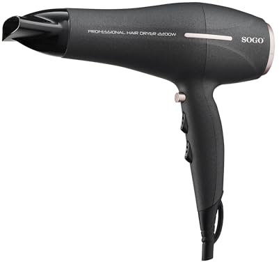 SOGO Secador de Pelo Profesional 2200W con Golpe de Aire Frío - Secador Iónico con Thermocontrol y 6 Niveles de Temperatura - Secador Cabello Potente con Difusor y Boquilla para Peinado Preciso