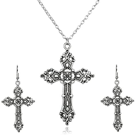 Dishowme Kreuz Halskette Ohrringe Satz Vintage Punk Kruzifix Anhänger Halskette Kette Gotisch Religiös Christlicher Schmuck für Frauen Mädchen Jugendliche