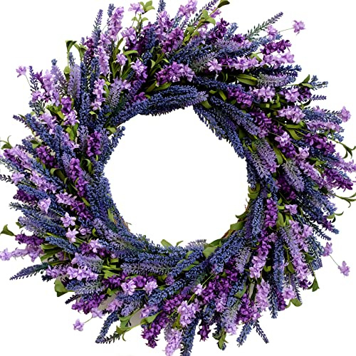 Egolot 26 Inch Purple Lavender Flower Wreath for Front Door, Spring Summer Forsythia Lavender Flowers Wreath for Indoor and Outdoor Decor, Rustic and Farmhouse Purple for Home