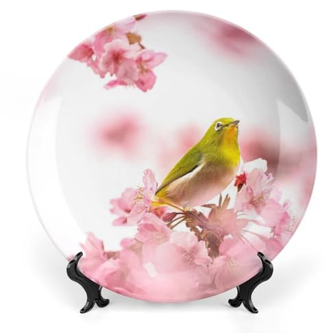 Bird Warbling White Eye Decorative Plate for Wall Ceramic Home Wobble-Plate with Display Stand Table Decor Ornament Dinner Plate Dessert Dish Holiday Home Decoration 8
