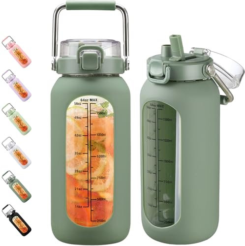 BLUEGO 2000ml Gourde en Verre avec Poignée en Inox et Marqueur de Temps Verre de Motivation 2L avec Manchon en Silicone et Paille pour Gym Office Extérieur Sport Bouteilles d'eau Sans BPA, Olive