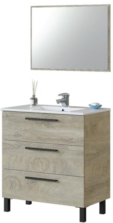 MarinelliGroup Mobile bagno 80 cm a terra lavabo ceramica specchio 3 cassetti ROVERE ALASKA 80 x 45 x 86 cm 305423C