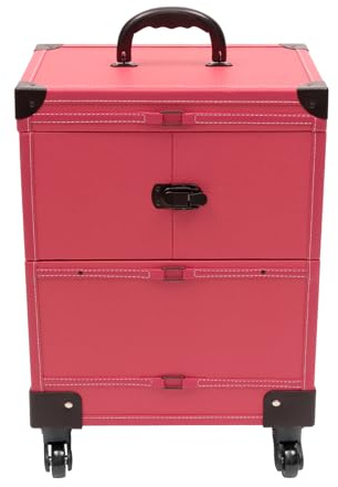 Professional Rolling Makeup Train Case, with Mirror & Swivel Wheels, Lockable Cosmetic Trolley, for Nail Technicians & Hairstylists, Large Storage Traveling Cart Trunk