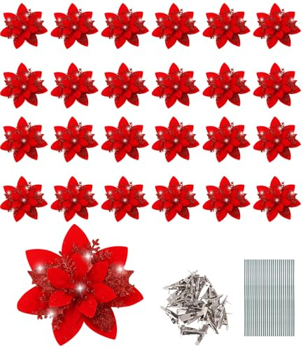 TIDEVAN 25 Pièces Glitter Fleurs de Poinsettia de Noël Fleurs de Noel Artificielles Paillettes Fleurs Artificielles de Poinsettia avec Clips Tiges pour Sapin de Noël, Noël Décoration, Mariage (Rouge)