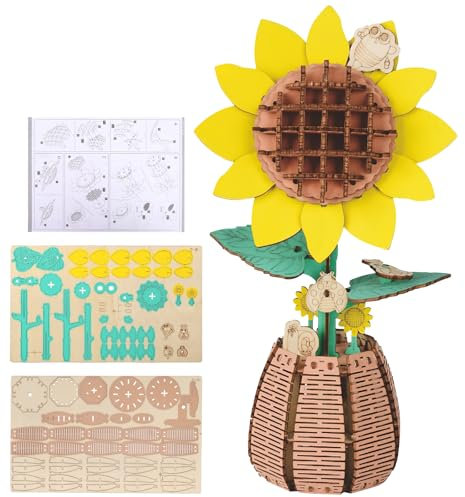 JIANGZHIB 3D Puzzle Holz Sonnenblume, 3D Puzzle Blumen Blumenstrauß Hölzerne, Sonnenblumen Holzpuzzle 3D Erwachsene Künstliche Blume Modellbausatz für Heimdekoration, Geburtstagsgeschenk