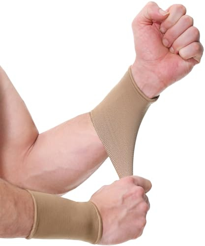 NEOtech Care Handgelenkbandage - elastisches und atmungsaktives Strickgewebe für Tennis, Fitnessstudio, Sport (Beige, 1 Paar, Größe L)
