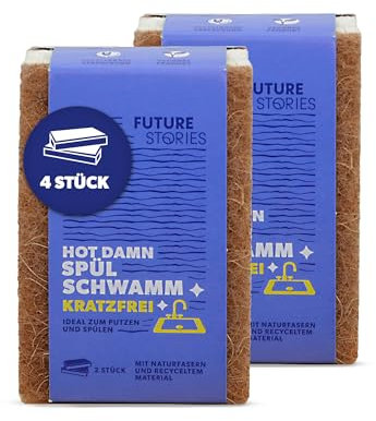 Future Stories Spülschwamm - 4er Set aus Naturfaser und Recyclingmaterial, mit Scherseite, vegan, waschbar, für Haushalt