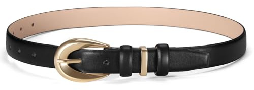 DENGFENGZHE Women Belts for Jeans Dresses Pants Fashion Ladies Skinny Leather Waist Belt with Gold Buckle Gift Box (Black Gold Buckle, M: Fit Waist Size 27-32)
