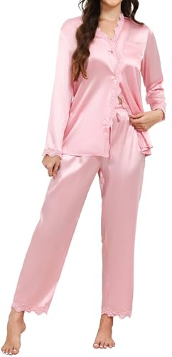 TeJoyce Pijama Mujer Largo Seda Invierno, Dos Piezas Raso Ropa de Dormir, Conjunto Satén Camiseta Encaje Manga Larga con Botones Abierto y Pantalón, Elegante y Suave Casa (Rosa, M)