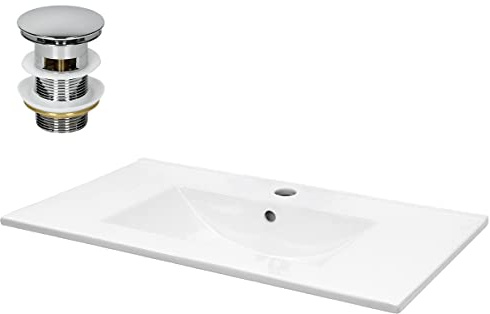 LuxeBath Waschbecken Keramik Weiß 810x465x175 mm eckig mit Ablaufgarnitur Silber, Einbauwaschbecken mit Hahnloch/Überlauf, Aufsatzwaschbecken Einbauwaschtisch Waschschale Waschplatz Handwaschbecken