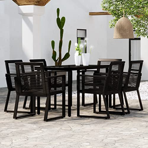 Qnhdfrt Garten Essgruppe Schwarz 7 teilig mit Glas Tischplatte und 6 Stühlen aus PVC Rattan Stabiles Gestell für Terrasse Balkon und Garten
