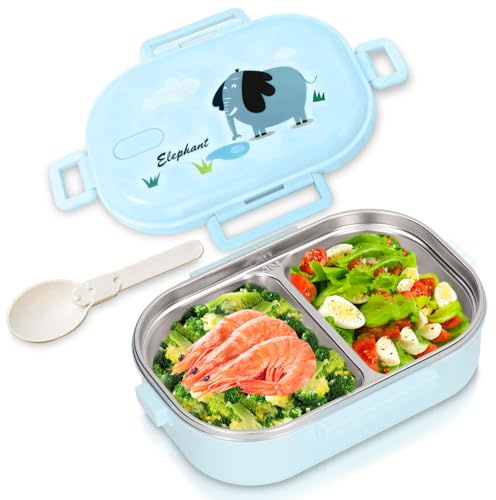 Tomotato Fiambrera de Acero Inoxidable, 650 ml Lonchera a Prueba de Fugas de Portátil Fiambrera de Dividida con 2 Compartimentos para Oficina, Escuela, Picnic (Azul)