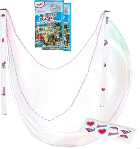 WOWMAZING Groß Einhorn-Seifenblasen-Set - Inkl. Stab & 2 Nachfüllpacks + 8 Sonnenaktivierte Aufkleber - Riesen Seifenblasen für Kinder - Sommer-Aktivitäten
