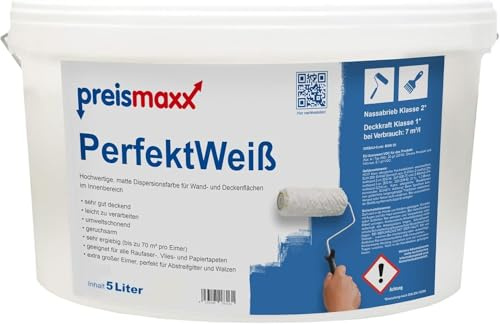 Preismaxx Perfektweiß Wandfarbe 5L – Innenfarbe Weiß, Sehr Hohe Deckkraft Klasse 1, Matt, Tropf- & Spritzarm, Ergiebig, Profi-Qualität für Innenwände & Decken | Hohe Deckkraft Klasse 2, Mattes Finish, Geruchsarm, Leicht zu verarbeiten, Gleichmäßiges Farbbild, Für Wohn- & Schlafräume
