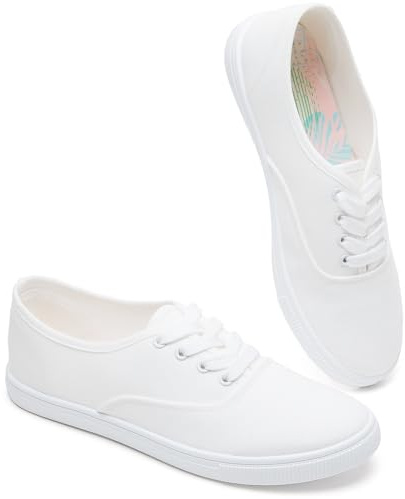 Womens Classic White Sneakers,Low Top White Canvas Shoes,Lightweight Casual Canvas Sneakers(White Flower.US6)