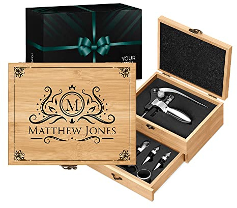 Maverton Wine Opener Set - Engraved Sommelier Corkscrew Set - Stainless Steel Wine Opening Accessories - Customized Wine Opening Kit in Bamboo Case - for Man - Emblem