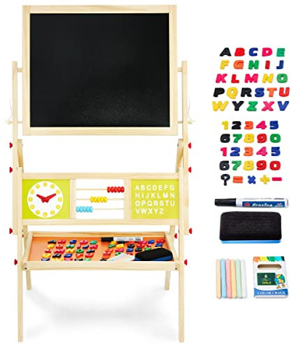 Mamabrum, Spieltafel aus Holz, doppelseitige Kindertafel Magnetisch und Kreide Kindertafel, Doppelseitiges, Zeichenbrett Kinder Tafel, Spieltafel mit Aufbewahrungsregal und Zubehör