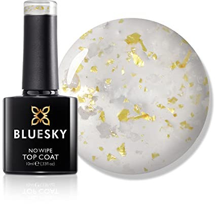 Bluesky Gel Nail Polish, No Wipe Flower Top Coat, Clear with Gold and White flakes, Glossy Finish, 10ml (Requires curing under UV/LED Lamp)