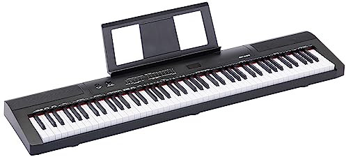 Amazon Basics Tragbares Digitalpiano mit 88 halbgewichteten Tasten, Sustain-Pedal, 2 Lautsprechern, 140 Klängen, 200 Rhythmen, 16 Demo-Songs, Metronom, Lernmodus, Schwarz