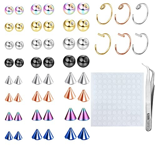 MILACOLATO Piercing läppstift falska ögonbryn ring ersättningskulor med 100 st klistermärken ingen piercing näsa ringar ring kropp smycken falsk hud piercing 3 mm 4 mm 5 mm, 3 mm/4 mm/5 mm, Rostfritt