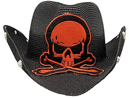 Vintage Stroh Weaving Cowboy Hut Frauen Herren Cowboy Hut mit Stickerei Totenkopf Punk Western Style Bonnet Herren Cosplay Hut