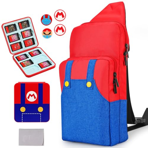 Owngen Cute Travel Bag for Nintendo Switch/Lite/OLED, Portable Gaming Sling Chest Shoulder Crossbody Carrying Accessories Storage Backpack with Cute Game Card Case, 4 Thumb Grip Caps