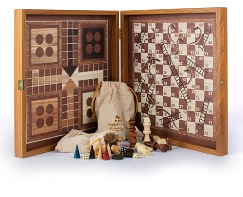 Manopoulos - Classic 4 in 1 Combo Games Set in Walnut replica wooden case – Chess, Backgammon, Ludo & Snakes and Ladders – 13-inch x 13 inches (34cm x 34cm) – Classic Strategy Board Games
