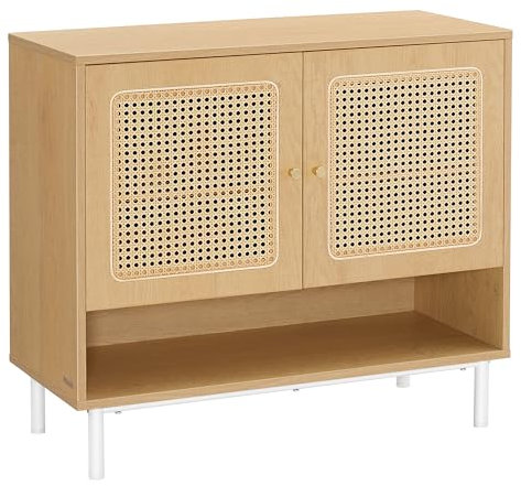 VASAGLE Schuhschrank, Schuhregal 3 Ebenen, Schuhaufbewahrung, mit Türen im Rattan-Look, höhenverstellbare Ablage, Schrank, Aufbewahrungsschrank Stahlbeine, Boho-Stil, eichenbeige LBC049N01