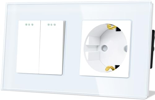 TAWOIA Lichtschalter mit Steckdose 2 Fach 1 Weg Glas Platte Unterputz Taste Schalter mit Schuko Steckdose 16 Amp 86 * 157mm Weiß Wechselschalter
