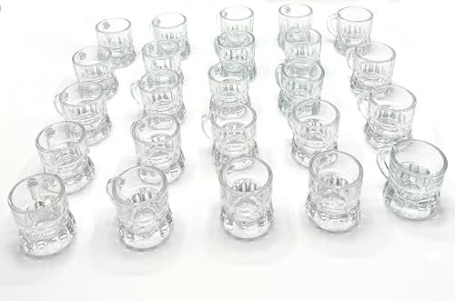 Gissed. Pack de 24 Vasos de Chupito Únicos y Originales en Forma de Jarra de Cerveza con Asa - 28 ml - Mini Jarras para Licores, Ideal para Fiestas, Eventos - Vidrio Transparente