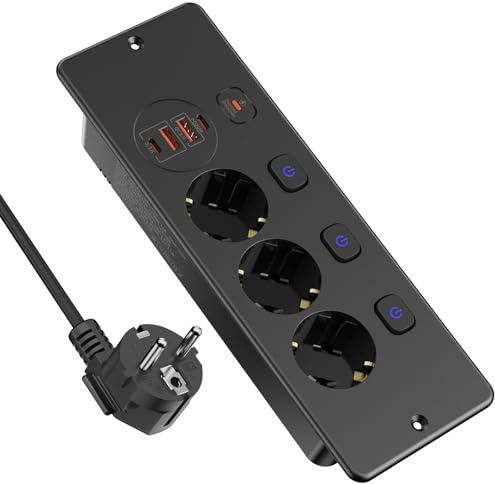 Tischplatte Versenkbare Steckdose mit 2 USB A & 2 Type C, Einbausteckdose Steckdosenleiste 3 Fach Einzeln Schaltbar mit 2M, Tischsteckdose mit Schalter für Tischplatte - Schwarz