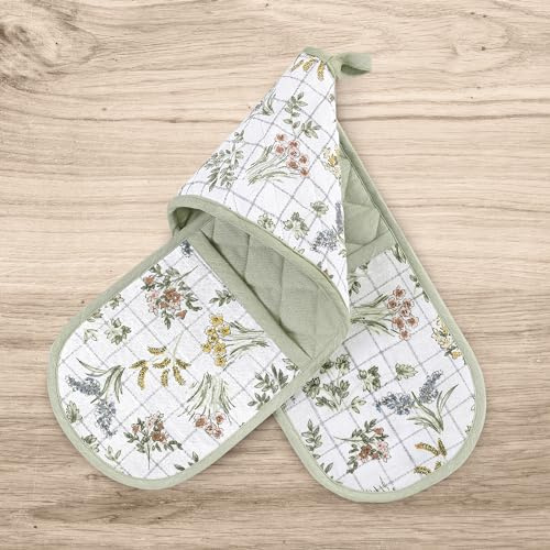 No. 918 Rhoda French Countryside Quilted Floral Print Double Oven Mitt, Sage Green
