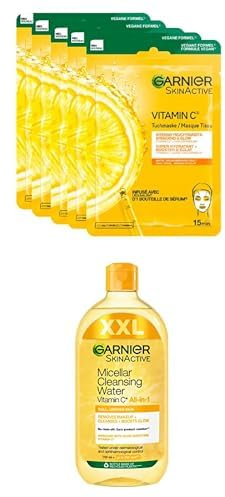 Bundle of Garnier Feuchtigkeitsspendende Tuchmasken für sensible Haut 5 x 1 Masken + Garnier Sanftes Mizellen Gesichtswasser, Schonendes Reinigungswasser SkinActive All-in-1, 1 x 700 ml