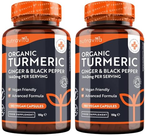 Organic Turmeric 1440mg with Black Pepper & Ginger (2 Packs of 180)- 360 Vegan Turmeric Capsules (6 Month Supply) – High Strength Organic Turmeric with Active Ingredient Curcumin - UK Made - Nutravita
