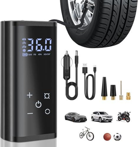 Elektrische Luftpumpe,150 PSI Tragbare Akku Kompressor,6000mAh Fahrradpumpe Luftkompressor für Auto Fahrrad Motorrad Bälle,Touchscreen,über USB-C wiederaufladbar, als Notlampe und Mobile Leistung.