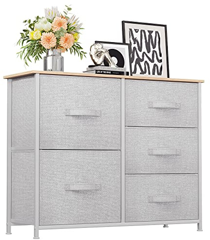 YITAHOME Kommode,Kommode mit 5 Schubladen,Schrank,Stoffschubladen mit Griffen,Metallgestell,für Wohnzimmer Flur Schlafzimmer,Dauerhaft,Hellgrau