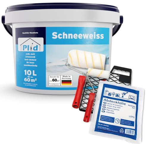 Plid® Peinture blanche mur et plafond, Blanc mat 10 L + kit de peinture 6 pièces - Haute couvrance, Application facile, Faible odeur - Pot de peinture murale interieur pour env. 60m² - Rénovation