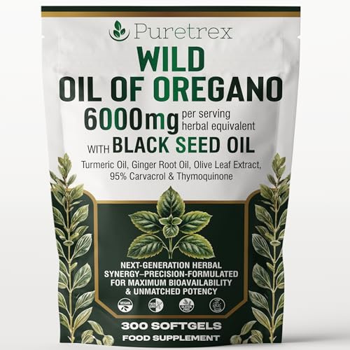 PURETREX Wild Oregano Oil 6000mg with Black Seed, Turmeric & Ginger – 300 Softgels | 95% Carvacrol for Immune & Gut Support | High-Potency Herbal Blend