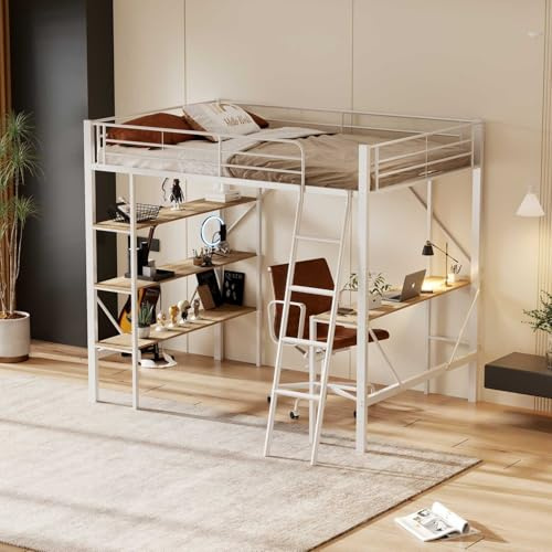 YEHTOKHOME Lit Mezzanine Multifonctionnel 90x200cm avec Bureau et étagères,Moderne lit Simple en métal avec échelle et Garde-Corps(sans Matelas) (Blanc)