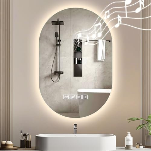 Dibaful Miroir de Salle de Bain Ovale 50 x 75 cm avec éclairage et Musique, Bluetooth, 3 Couleurs d'éclairage, intensité Variable | Miroir Mural antibuée pour d'hôtel
