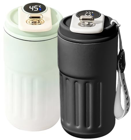 2 Stück 410ml Kaffeebecher to Go: Thermobecher Auslaufsicher mit Digitalanzeige, Kaffee Thermobecher mit Deckel, Edelstahl Coffee Becher Thermo(Farbverlaufsgrün+Schwarz)