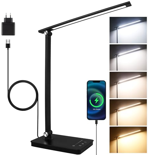 Akynite LED Desk Lamp Dimmable with USB C Port, 5 Color Changing 10 Brightness, 45Min Timer Touch Control LED Desk Light, Foldable Lamp for Reading Studying Bedside Table, Memory Function, Black
