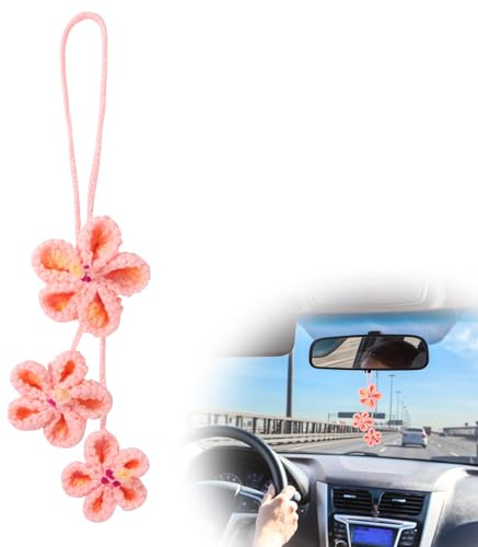 TOYMIS Crochet Hibiscus Flower Car Hanging Ornament, Tropical Beach Style Rear View Mirror Decor Cute Car Accessories for Women (Pink)