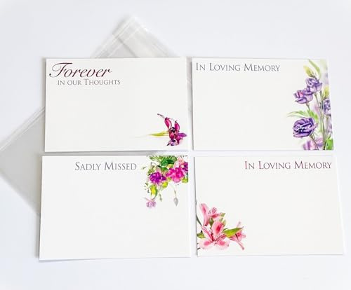 ShredAstic® PACK OF 4 assorted small Florist Funeral flower Message Cards with 4 clear cellophane self seal bags 6 x 9cm (60x90mm) Forever in our thoughts, In loving memory, Sadly missed